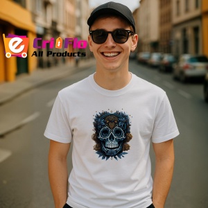 Tricou Craniu artistic cu bijuterii aurii si fundal maro Copii | Dama | Barbat - Img 6