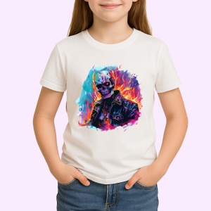 Tricou Craniu biker in flacari fundal alb Copii | Dama | Barbat - Img 4