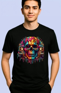 Tricou Craniu cu coroana si casetofoane stil street art colorat Copii | Dama | Barbat, culoare negru - Img 2