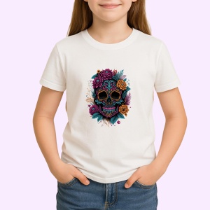 Tricou Craniu cu flori portocalii si fundal deschis Copii | Dama | Barbat