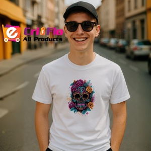Tricou Craniu cu flori portocalii si fundal deschis Copii | Dama | Barbat - Img 5