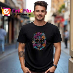 Tricou Craniu cu flori portocalii si fundal deschis Copii | Dama | Barbat, culoare negru - Img 5