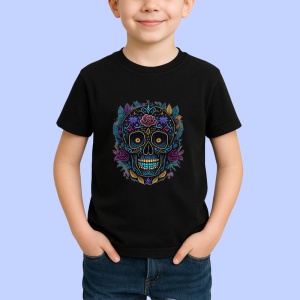 Tricou Craniu decorat in albastru si violet fundal artistic Copii | Dama | Barbat, culoare negru - Img 4