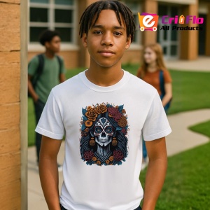 Tricou Craniu femeie decorat cu flori mov si fundal deschis Copii | Dama | Barbat - Img 4