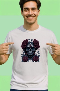 Tricou Craniu floral cu trandafiri rosii stil dia de los muertos Copii | Dama | Barbat - Img 2