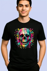 Tricou Craniu inflacarat cu pete de vopsea fundal alb Copii | Dama | Barbat, culoare negru - Img 2