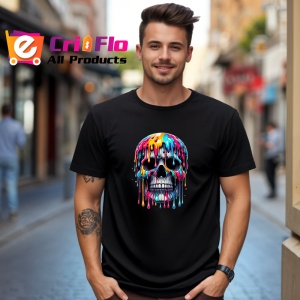 Tricou Craniu multicolor cu vopsea curgatoare fundal alb Copii | Dama | Barbat, culoare negru - Img 5