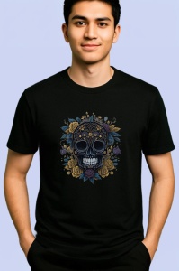 Tricou Craniu negru cu elemente aurii fundal deschis Copii | Dama | Barbat, culoare negru - Img 2