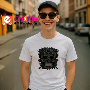 Tricou Craniu negru elegant cu flori aurii fundal alb Copii | Dama | Barbat - Img 5