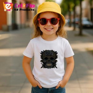 Tricou Craniu negru elegant cu flori aurii fundal alb Copii | Dama | Barbat - Img 11