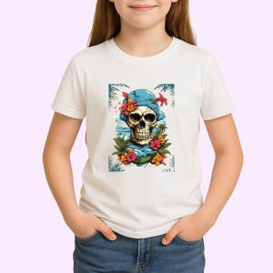 Tricou Craniu pirat cu flori si fundal oceanic Copii | Dama | Barbat - Img 3
