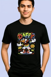 Tricou Daffy street vibes cu pantaloni cargo si fundal exploziv boom Copii | Dama | Barbat, negru - Img 2