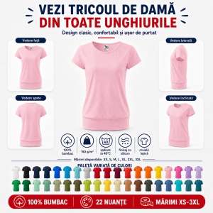 Tricou Damă 100% Bumbac cu Bandă Jos – Croială Lejeră, 22 Culori, XS-3XL - Img 6