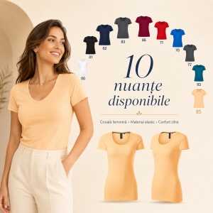 Tricou Damă Elastic cu Decolteu Adânc, Croială Slim Fit, 95% Bumbac, 5% Elastan, 10 Culori, XS–2XL