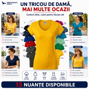 Tricou damă Malfini cu guler în V, 100% bumbac, croială feminină, 13 culori disponibile - Img 6