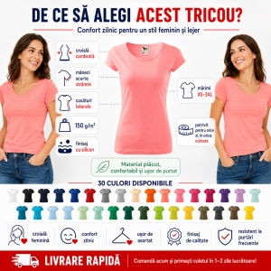 Tricou Damă Simplu cu Guler Rotund, Bumbac 100% – 30 Culori, XS–3XL - Img 2
