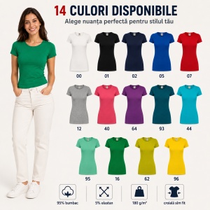 Tricou Damă Slim Fit Elastic, 95% Bumbac și 5% Elastan, Guler Rotund, Mâneci Scurte, 14 Culori, XS–2XL