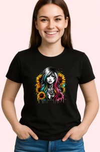 Tricou Dark hair girl sunflower background, fata cu par inchis si fundal floarea soarelui, Copii | Dama | Barbat , tricou negru - Img 3
