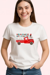 Tricou Dead Inside But Jolly Af Craciun Camion Rosu, din bumbac 100% , tricou alb pentru Copii | Dama | Barbat - Img 2