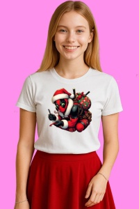 Tricou Deadpool Christmas Cu Sac Cadouri, din bumbac 100%, tricou alb, Copii | Dama | Barbat - Img 1