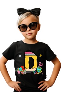 Tricou din bumbac 100% pentru copii, litera D, Back To School, educatie, creioane, carti - Img 2