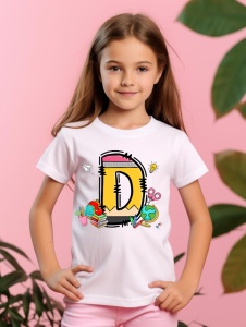 Tricou din bumbac 100% pentru copii, litera D, Back To School, educatie, creioane, carti - Img 3