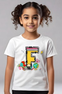 Tricou din bumbac 100% pentru copii, litera F, Back To School, educatie, creioane, carti - Img 3