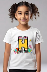Tricou din bumbac 100% pentru copii, litera H, Back To School, educatie, creioane, carti - Img 3