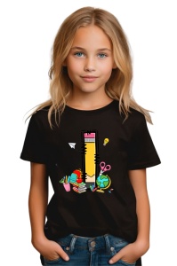 Tricou din bumbac 100% pentru copii, litera I, Back To School, educatie, creioane, carti