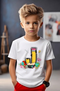 Tricou din bumbac 100% pentru copii, litera J, Back To School, educatie, creioane, carti - Img 3