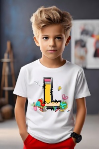 Tricou din bumbac 100% pentru copii, litera L, Back To School, educatie, creioane, carti - Img 3