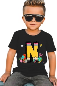 Tricou din bumbac 100% pentru copii, litera N, Back To School, educatie, creioane, carti - Img 2