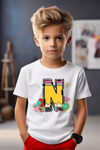 Tricou din bumbac 100% pentru copii, litera N, Back To School, educatie, creioane, carti - Img 3