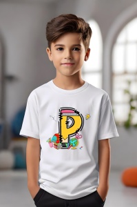 Tricou din bumbac 100% pentru copii, litera P, Back To School, educatie, creioane, carti - Img 3