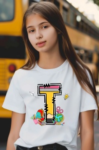 Tricou din bumbac 100% pentru copii, litera T, Back To School, educatie, creioane, carti - Img 3