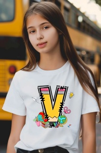 Tricou din bumbac 100% pentru copii, litera V, Back To School, educatie, creioane, carti - Img 3