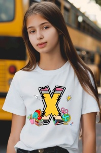 Tricou din bumbac 100% pentru copii, litera X, Back To School, educatie, creioane, carti - Img 3