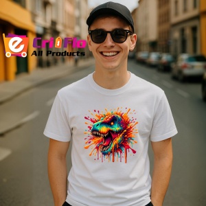 Tricou Dinozaur rosu portocaliu in stil exploziv Copii | Dama | Barbat - Img 5