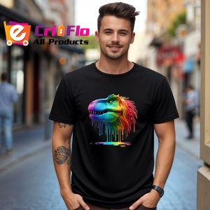 Tricou Dinozaur verde portocaliu cu vopsea fundal alb Copii | Dama | Barbat, culoare negru - Img 5