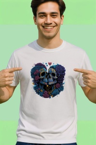 Tricou Doua cranii intr o inima cu trandafiri fundal alb Copii | Dama | Barbat - Img 2