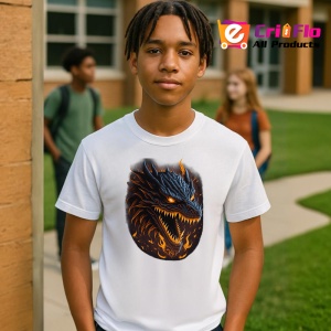 Tricou Dragon negru cu ochi rosii si flacari pe fundal Copii | Dama | Barbat - Img 4