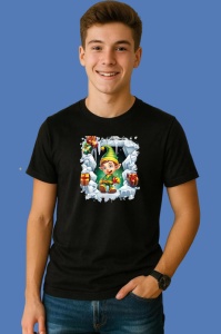 Tricou Elf Cu Cadouri Si Fundal Verde Craciun, din bumbac 100% Copii | Dama | Barbat