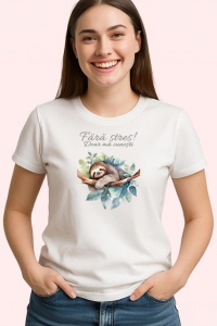 Tricou Fara Stres Lenes Dormind Pe Ramura Flori, din bumbac 100% , tricou alb pentru Copii | Dama | Barbat - Img 3