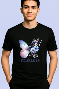 Tricou Fearless fluture albastru pastel cu flori delicate Copii | Dama | Barbat, negru - Img 2