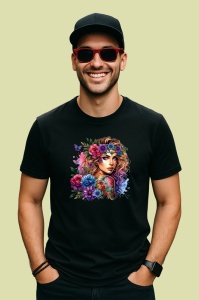 Tricou Floral crown blue pink look, fata cu coronita albastru roz si tatuaje, Copii | Dama | Barbat , tricou negru - Img 4