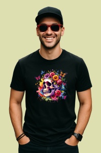 Tricou Floral skull pastel pop, craniu pastel cu explozie florala, Copii | Dama | Barbat , tricou negru - Img 4