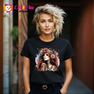 Tricou Flower crown confident girl with tattoos, fata increzatoare cu tatuaje si coronita florala, Copii | Dama | Barbat , tricou negru - Img 8