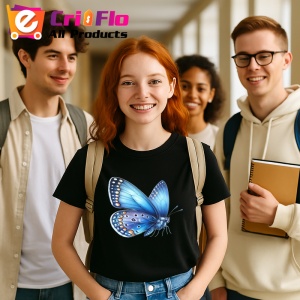 Tricou Fluture albastru cu aripi deschise si buline elegante Copii | Dama | Barbat, negru - Img 11