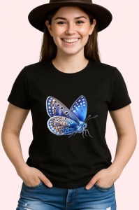 Tricou Fluture albastru cu corp maro stil realist natural Copii | Dama | Barbat, negru - Img 4