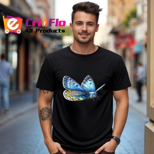 Tricou Fluture albastru cu galben model simetric ilustrat Copii | Dama | Barbat, negru - Img 6